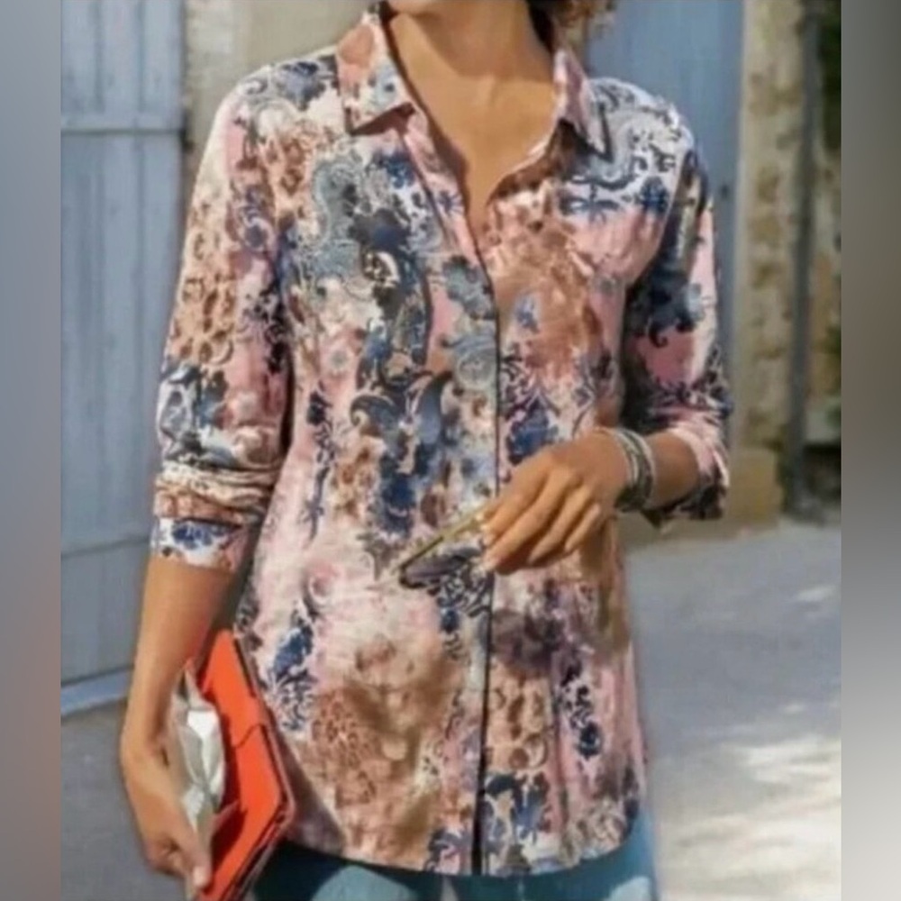 Soft Surroundings “The Wild Side” Blouse, Sz. S, Animal Print, Pink/Brown/Blue
